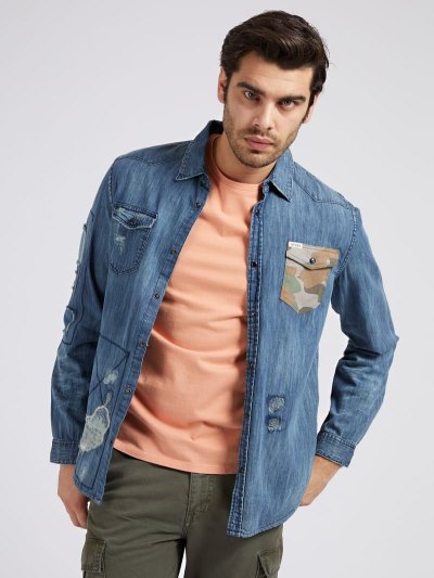 Guess Abrasions Slim Fit Denim Shirts Panske Modre | SK-855117