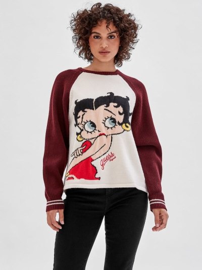 Guess Betty Boop Svetre Damske Biele | SK-084879