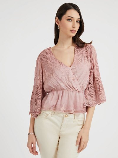 Guess Crinkle Embroidered Topy Damske Ruzove | SK-641896