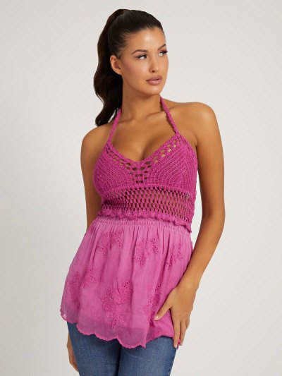 Guess Crochet Topy Damske Fuchsie | SK-434394