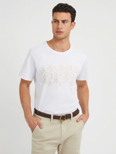 Guess Embroidered Logo Tricko Panske Biele | SK-903901