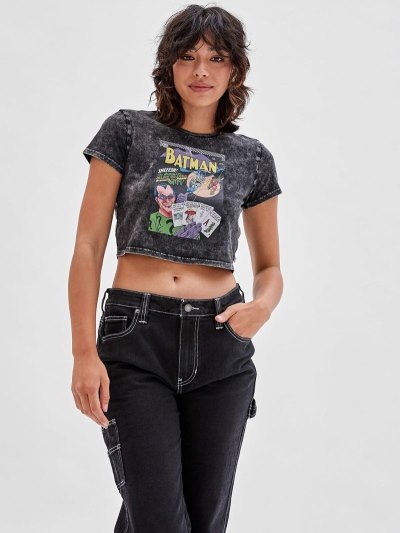 Guess Front Batman Print Crop Tricko Damske Čierne | SK-105458