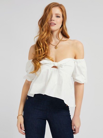 Guess Off-shoulder Knotted Topy Damske Biele | SK-938444