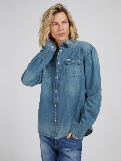 Guess Regular Fit Denim Shirts Panske Modre | SK-124794