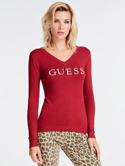 Guess Rhinestone Logo Front Jumpers Damske Červené | SK-067312