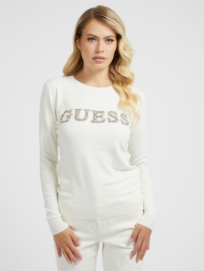 Guess Rhinestones Front Logo Svetre Damske Biele | SK-376098