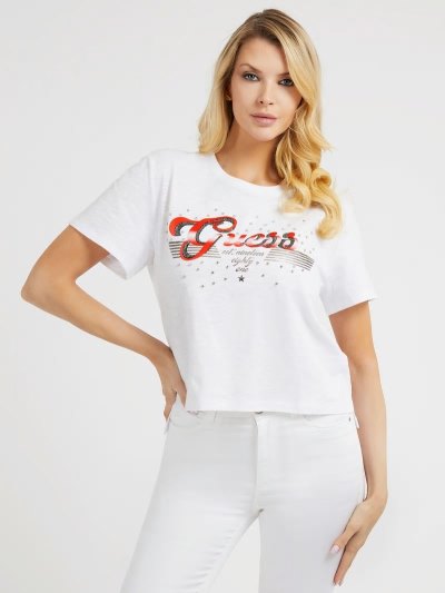 Guess Rhinestones Logo Tricko Damske Biele | SK-832529