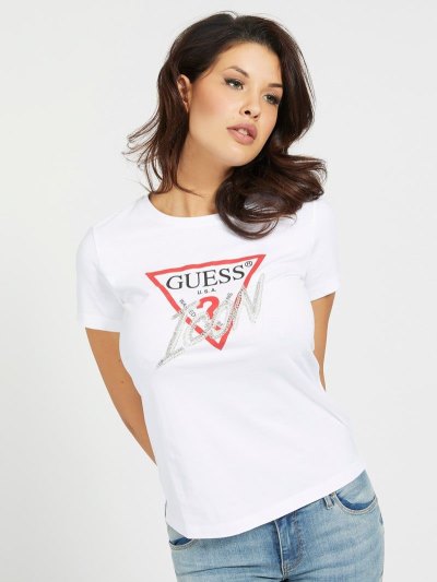 Guess Setting Stones Logo Tricko Damske Biele | SK-739170