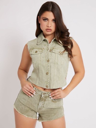 Guess Slim Fit Denim Vest Damske Zelene | SK-403368