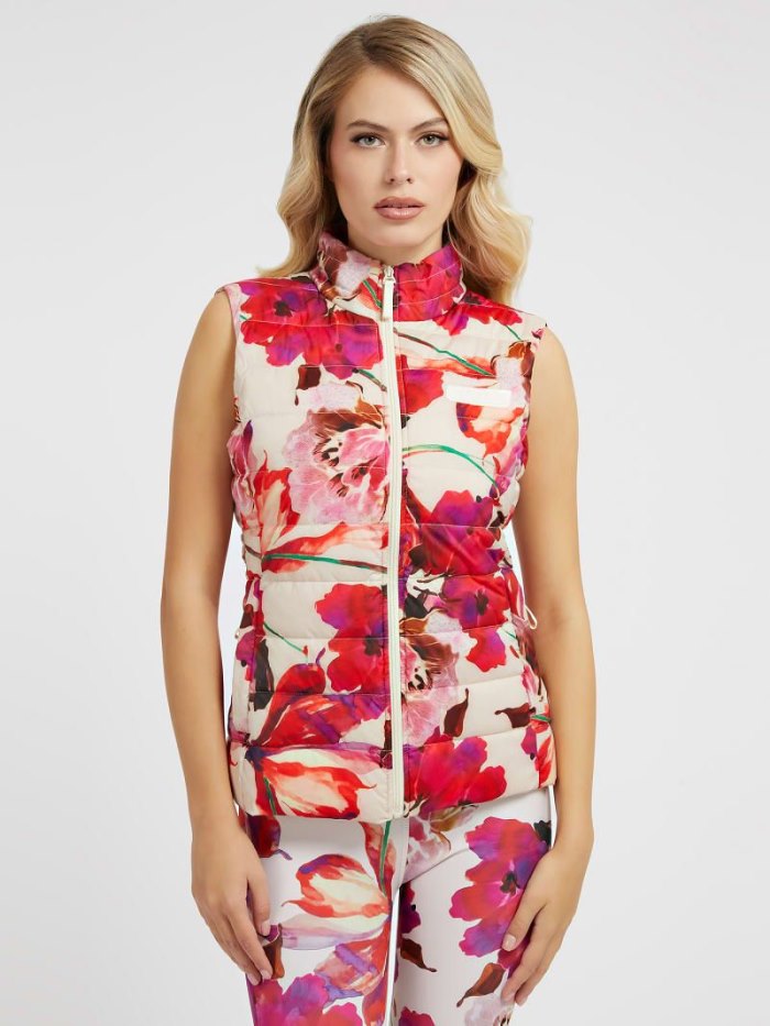 Guess All Over Floral Puffer Vest Damske Červené | SK-814203