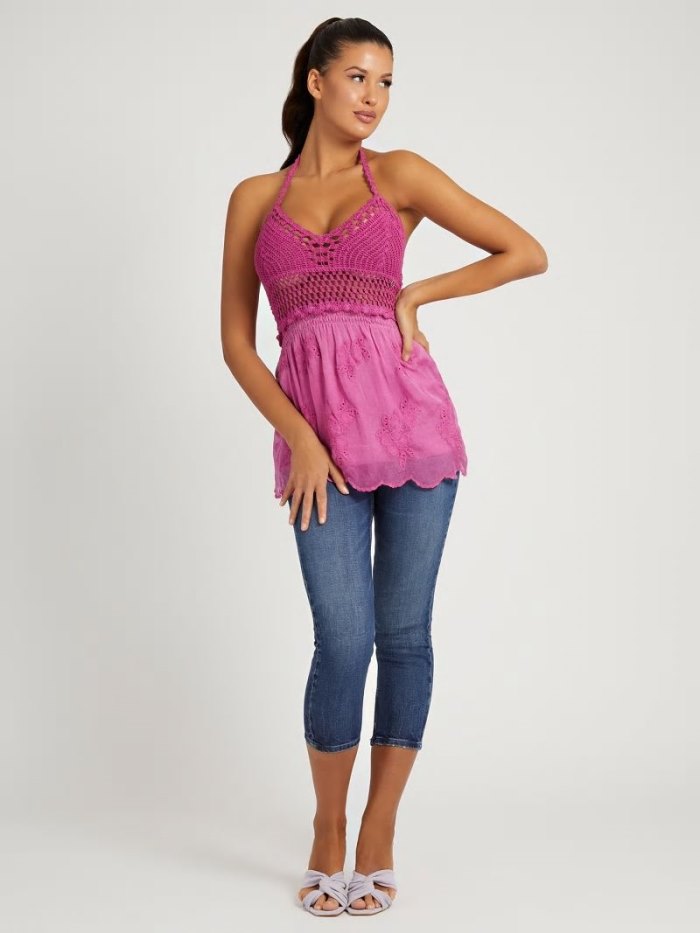 Guess Crochet Topy Damske Fuchsie | SK-434394