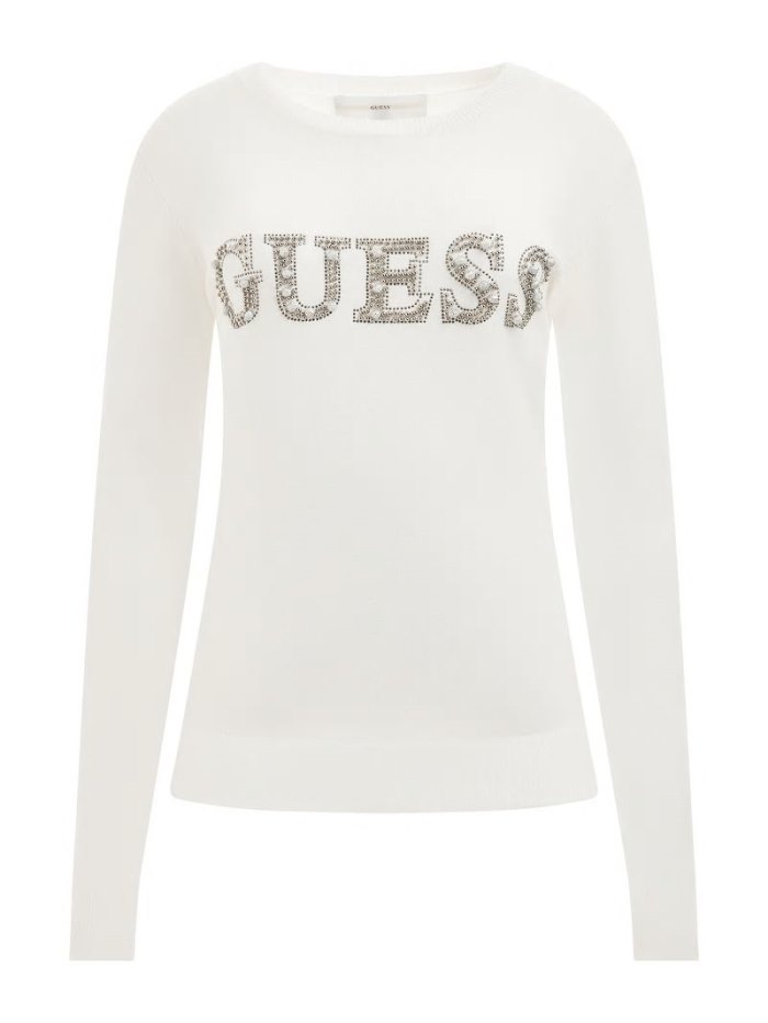 Guess Rhinestones Front Logo Svetre Damske Biele | SK-376098