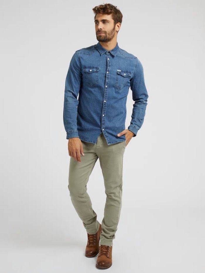 Guess Slim Fit Denim Shirts Panske Modre | SK-495664