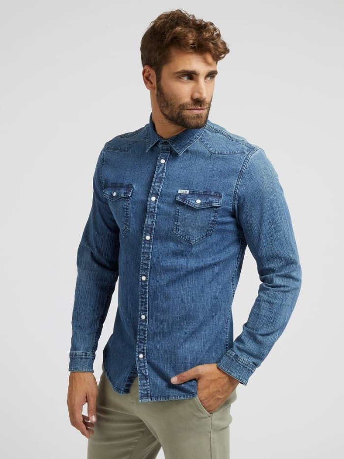 Guess Slim Fit Denim Shirts Panske Modre | SK-495664