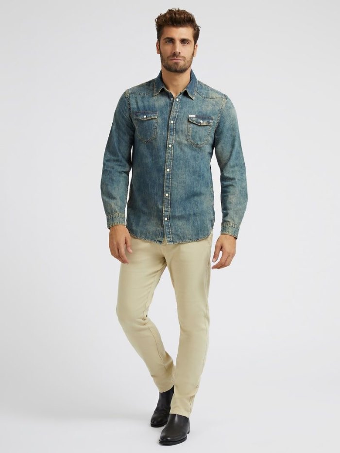 Guess Slim Fit Denim Shirts Panske Modre | SK-992932