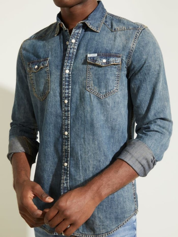 Guess Slim Fit Denim Shirts Panske Modre | SK-992932